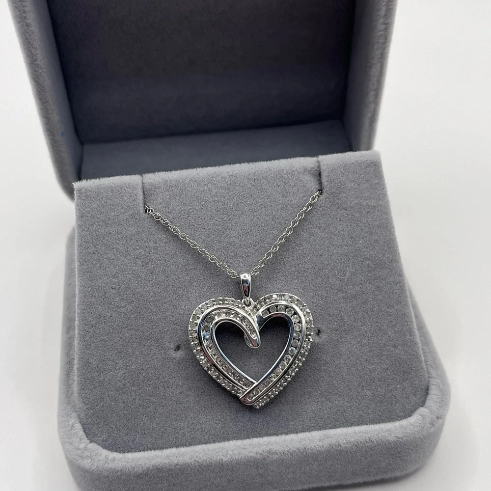 0.50 CT Natural Diamond Large Heart Sterling Silver Necklace - Picture 6 of 8